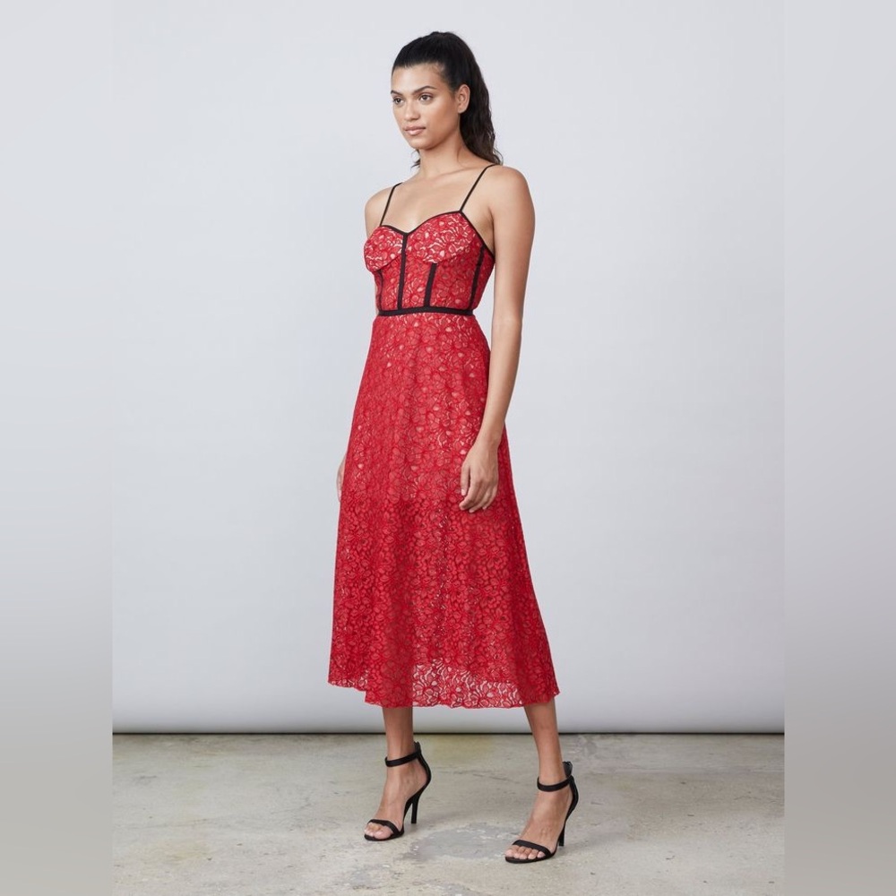 Allen Schwartz Eden Red Lace Bustier Midi Dress